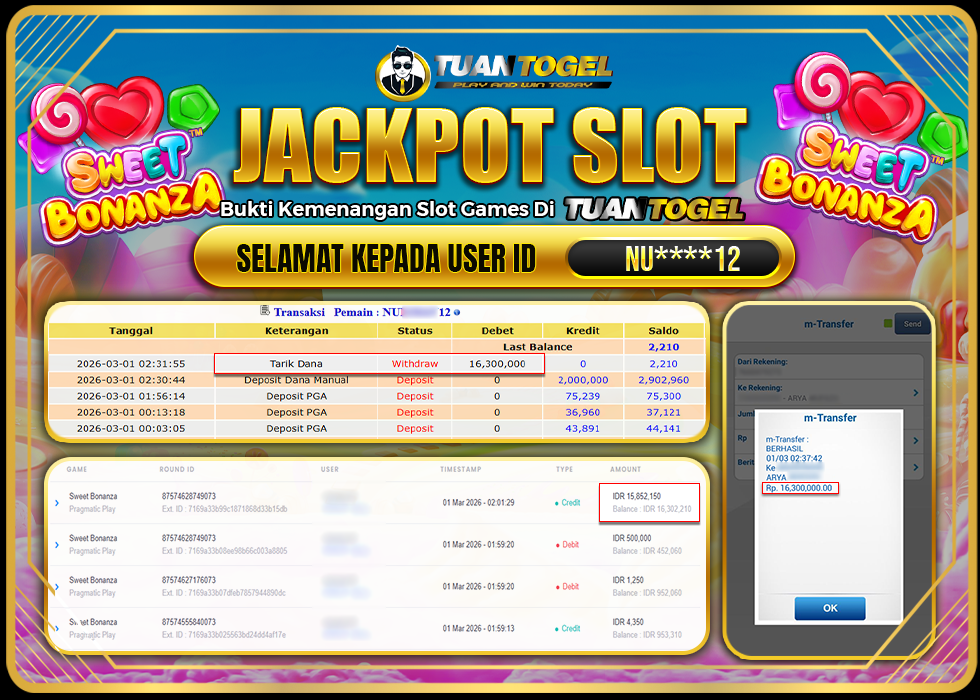 TUANTOGEL JACKPOT SLOT SWEET BONANZA Rp16.300.000, - LUNAS 